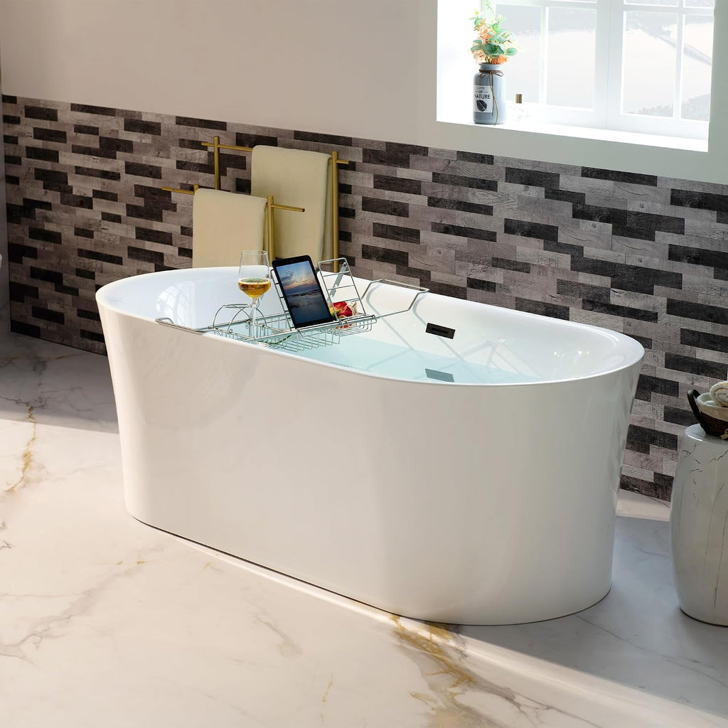 WOODBRIDGE 59' Acrylic Freestanding Bathtub Contemporary Soaking Tub with Matte Black Overflow and Drain,White Tub,B0058-MB