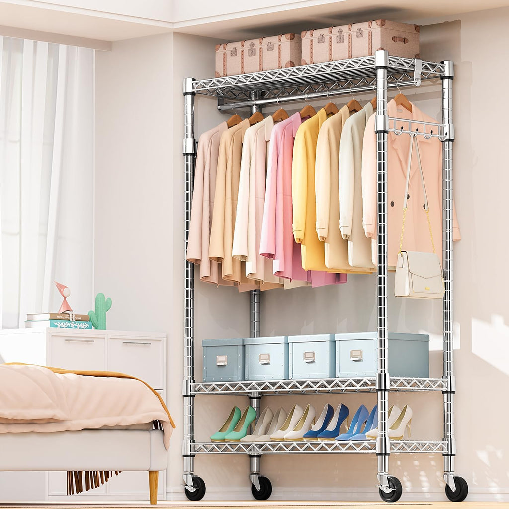 M MZG 2 PCS Heavy Duty Rolling Garment Rack 3 Tiers Adjustable Wire Shelving Clothes Rack with Rod and Side Hooks, Storage Closet Clothing Rack with Wheels Chrome 17.7' D x 47.2' W x 83.6' H
