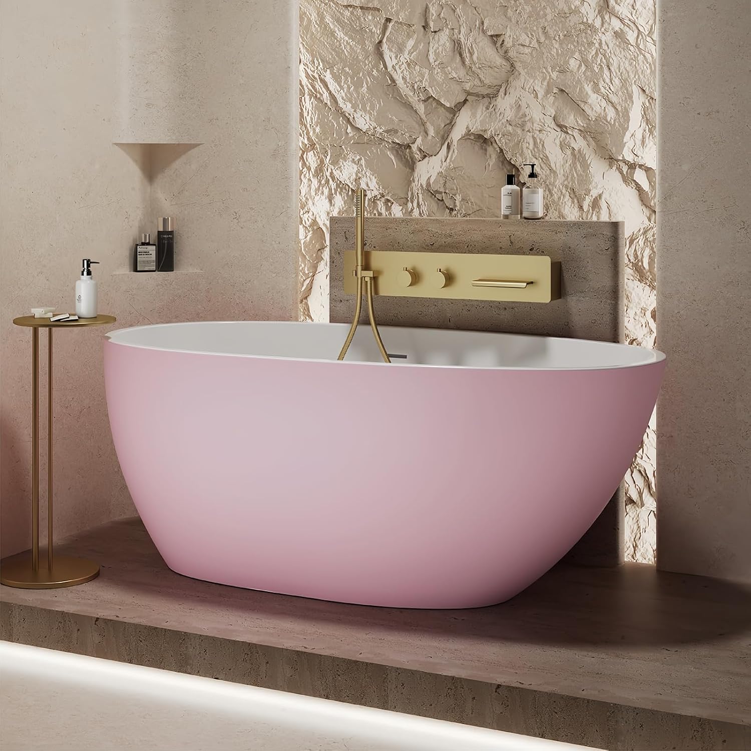 60' Edeyeu Oval Freestanding Bathtub - Extra Deep Soaker Tub With Premium Acrylic, Ergonomic Solid Surface Stand Alone Bathtub, Modern Freestanding Bathtubs For Spa Experience Pink A