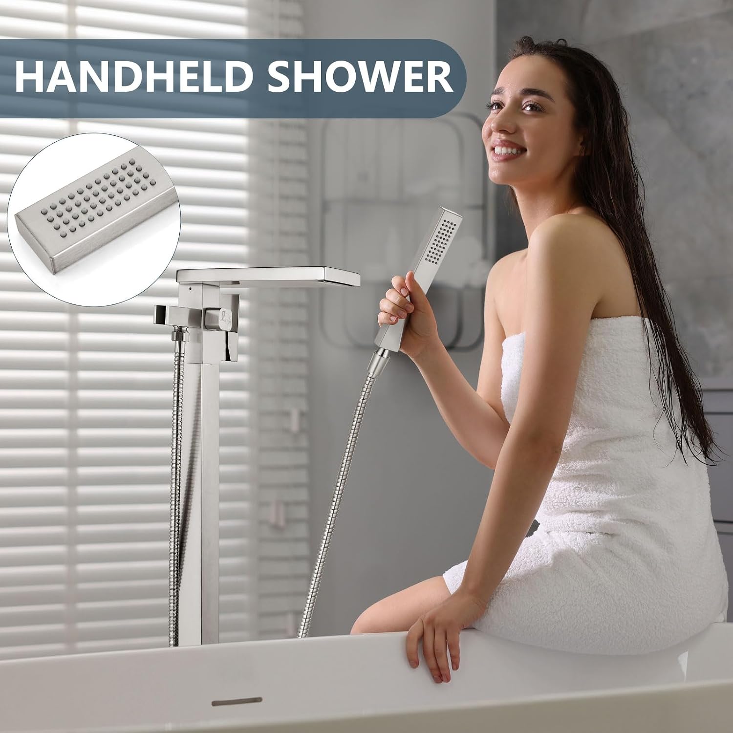 Aolemi Freestanding Bathtub Faucet Floor Mount Tub Filler with Handheld Spray Single Handle Free Standing Bathroom Faucets Swivel Flat Waterfall Spout Brushed Nickel