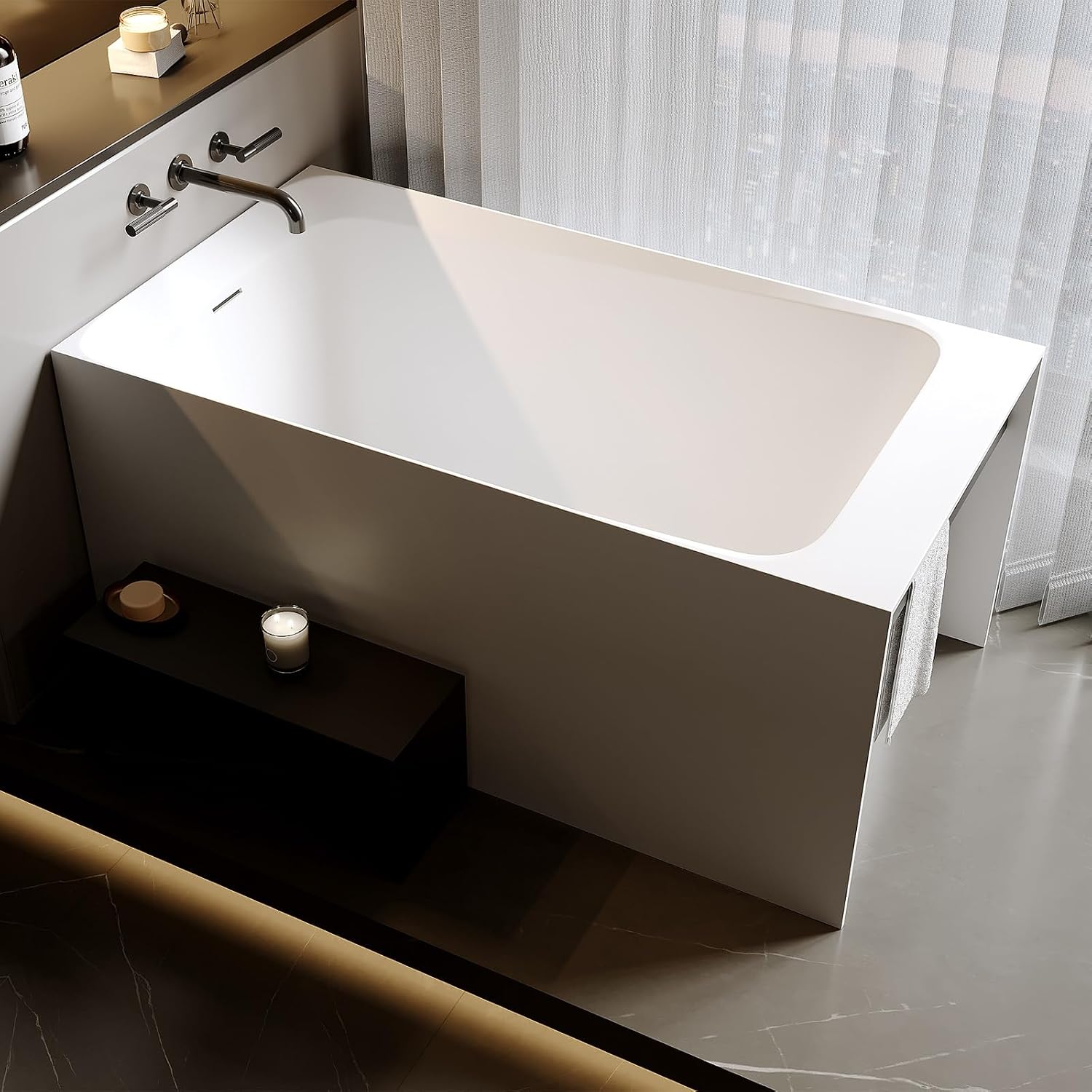 51'' Freestanding Bathtub for Adult, Contemporary Resin Stone Soaking Bathtub Solid Surface Modern Stand Alone Tub with Overflow and Pop-up Drain, Japanese soaking tub White (Rectangular)