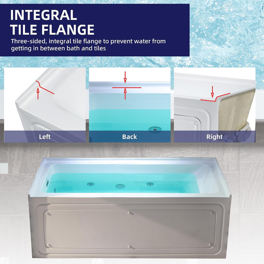 WOODBRIDGE 60' x 30' Alcove Acrylic Rectangular Whirlpool Heated Jetted Tub in White with Left Drain, Polished Chrome Finish, BS428-L-CH01