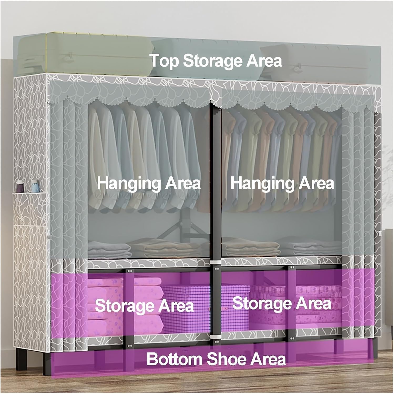 Metal Wardrobe Closet With Cover Clothes Rack Freestanding Metal Garment Rack For Hanging Clothes Foldable Clothes Coat Storage Organizer With Shelves(Grey2,193cm/76inch)