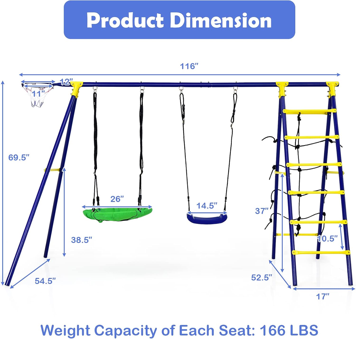 GLACER Swing Sets for Backyard, 550Lbs All-in-1 Large Kids Playground w/Ground Stake, Basketball Hoop & Saucer Swing, Climbing Ladder & Net, A-Shape Metal Heavy-Duty Outdoor Playgset, Boys & Girls