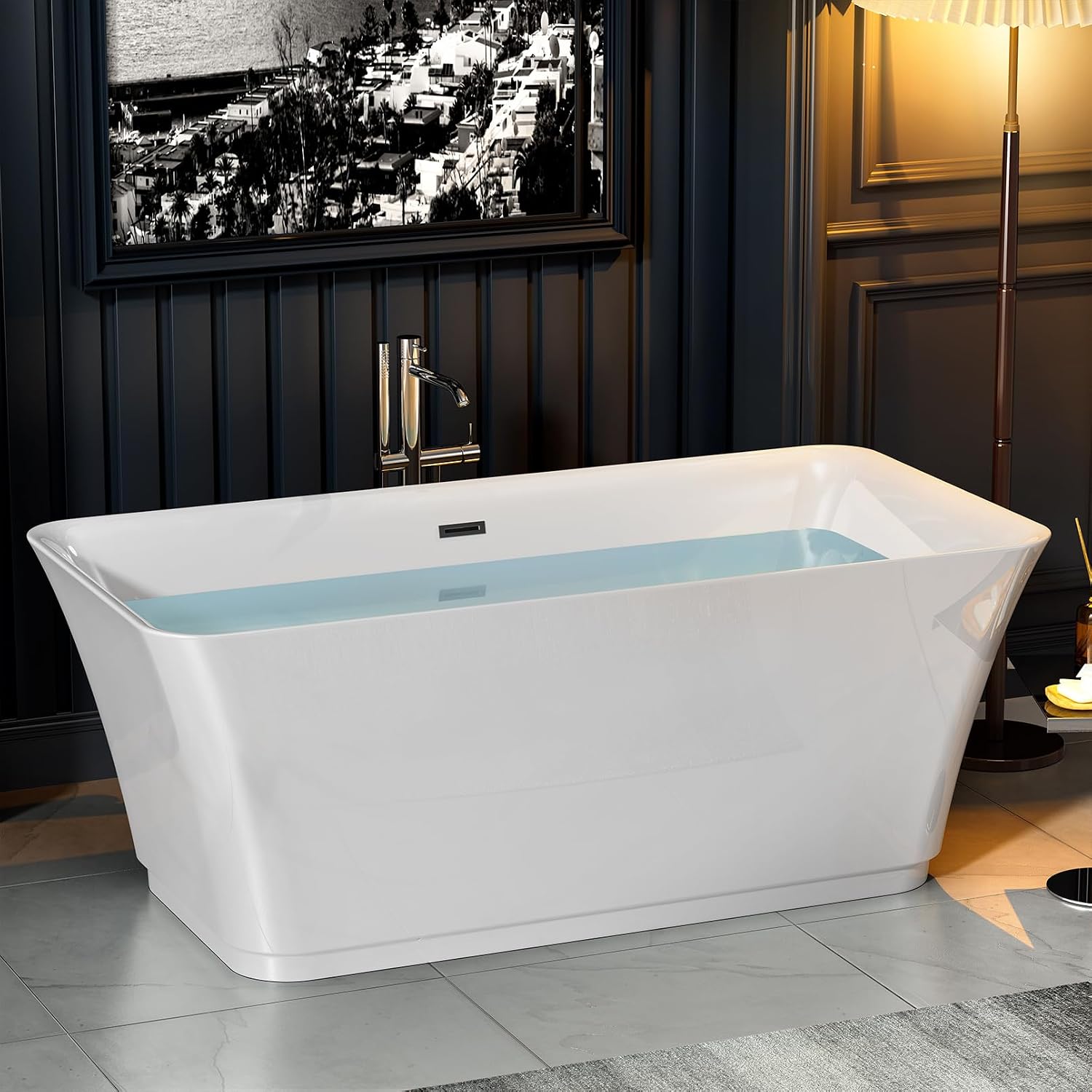 Empava 59 Inch Freestanding Bathtub - Modern Stand Alone Soaking Tubs with Integrated Drain & Overflow System, White