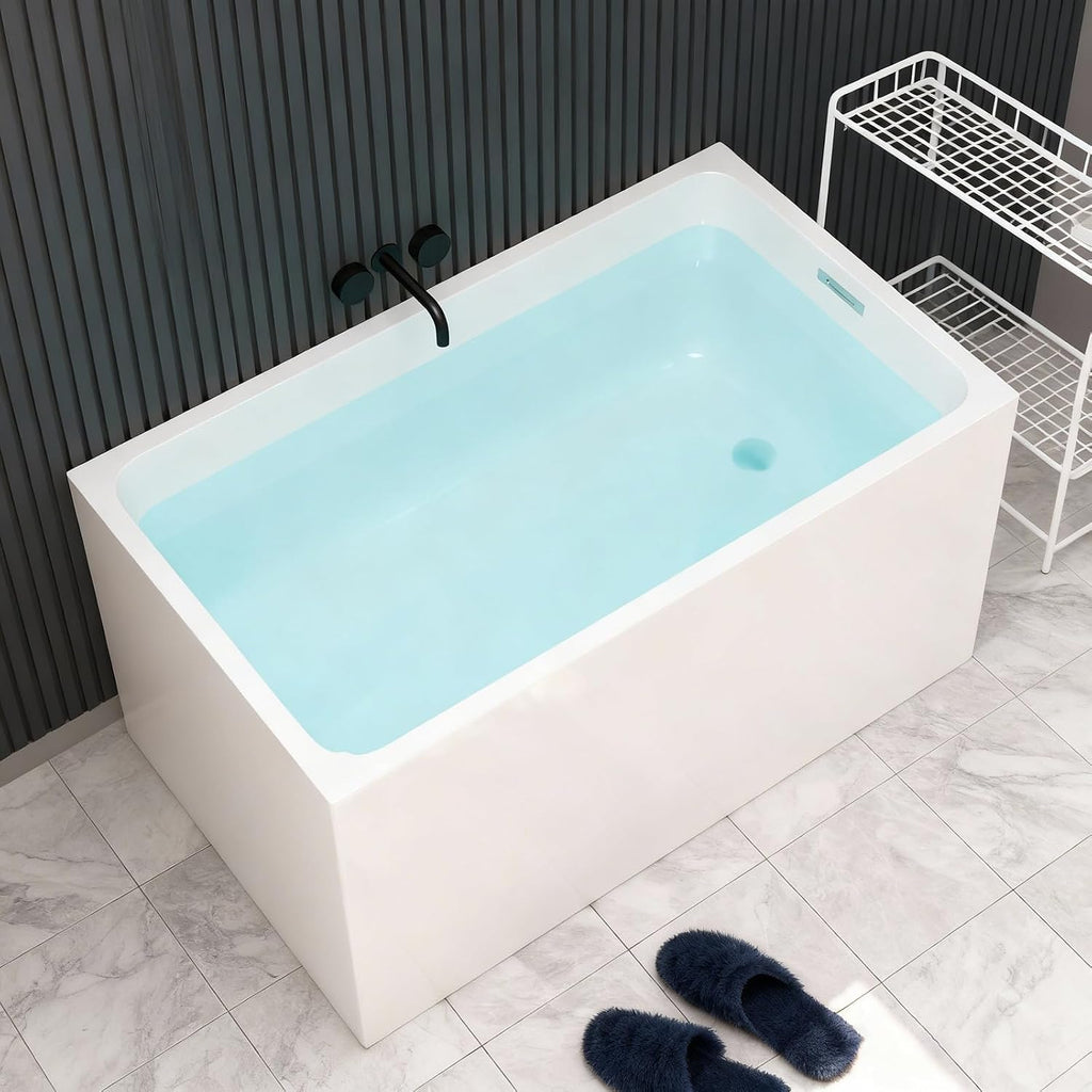 47' Acrylic Freestanding Tub, Square Shape Soaking Bathtub with Chrome Overflow and Left Drain, Free Standing Acrylic-Bathtubs White