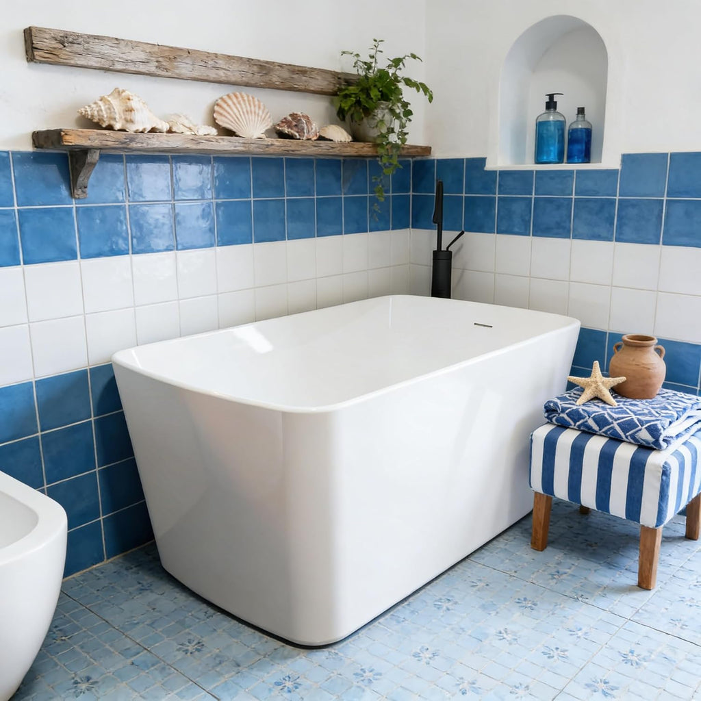 Garvee 49' Acrylic Freestanding Bathtub, Modern Deep Soaking Tub, cUPC Certified Free Standing Tub, Chrome Drain/Overflow, White Acrylic, White Square
