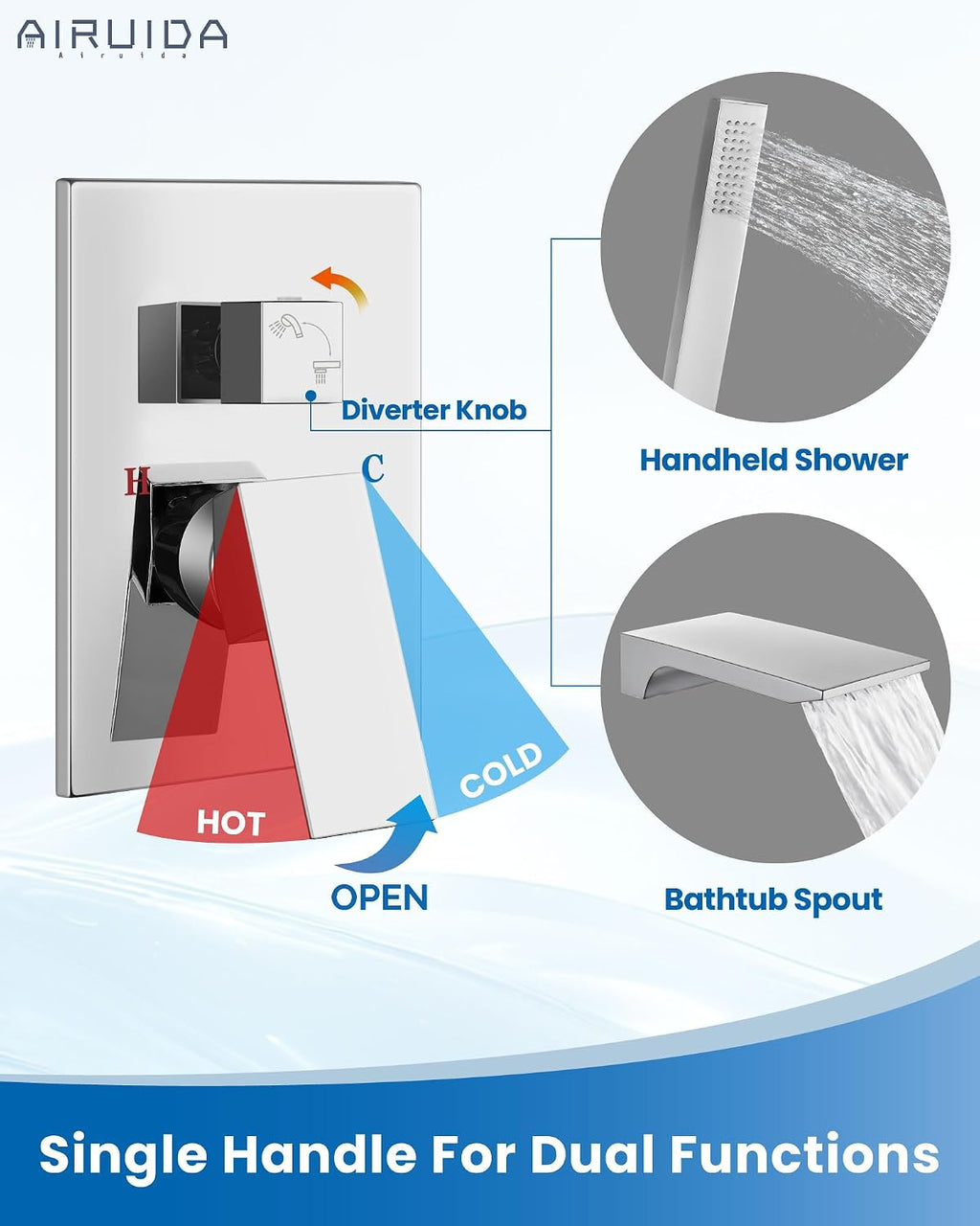 Airuida Wall Mount Tub Faucet with Waterfall Tub Spout Wall Mounted Bathtub Faucet with Handheld Shower Single Handle Tub Filler Shower Faucet Set with Rough-in valve Straight Spout Chrome Polish