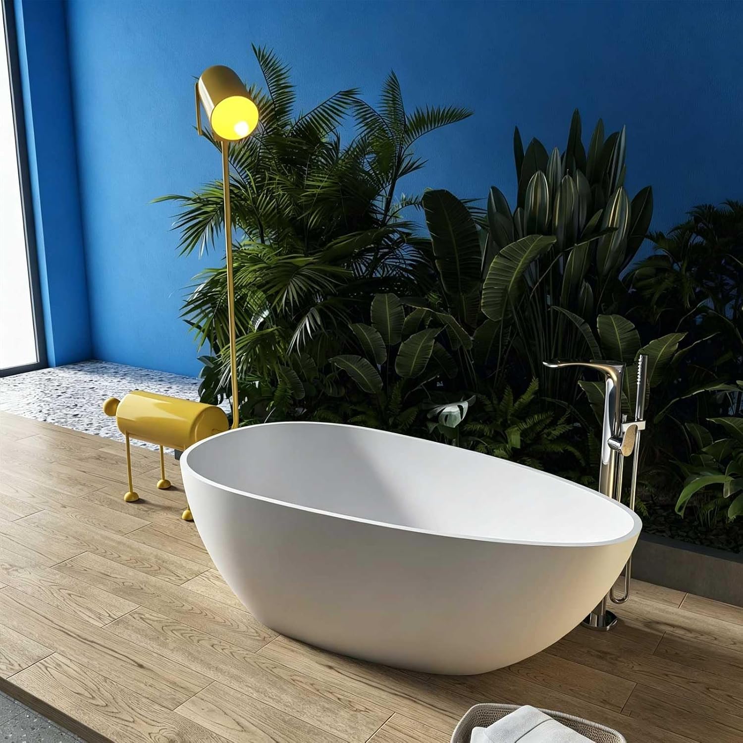 59 Inch Freestanding Tub, Egg Shape Soaking Bathtub, Solid Surface Stone Resin Free Standing Tubs for Bathroom