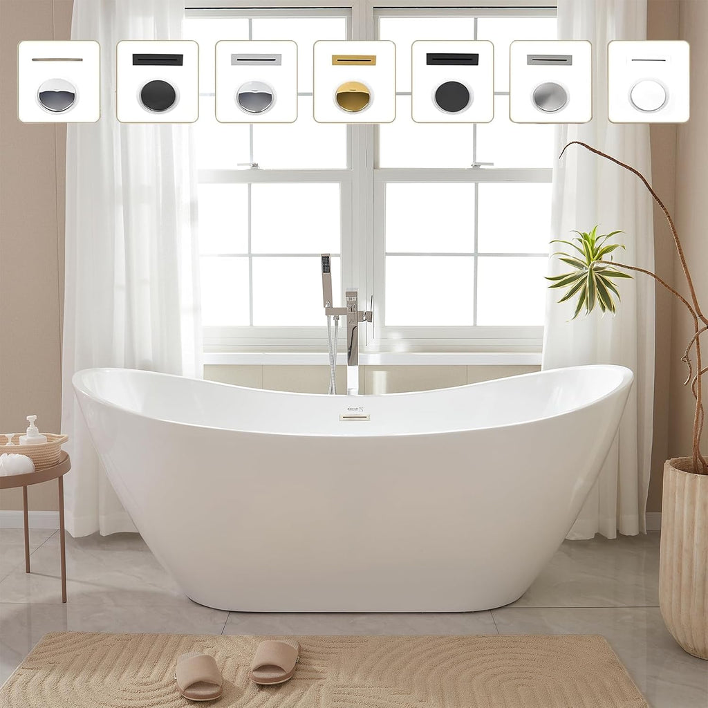 Vanity Art 71' Freestanding Bathtub | Free Standing Tub Stand Alone Tub with Contemporary Design for Soaking and Bathing, Overflow and Pop-up Drain with UPC Certified, Acrylic, VA6517-BN