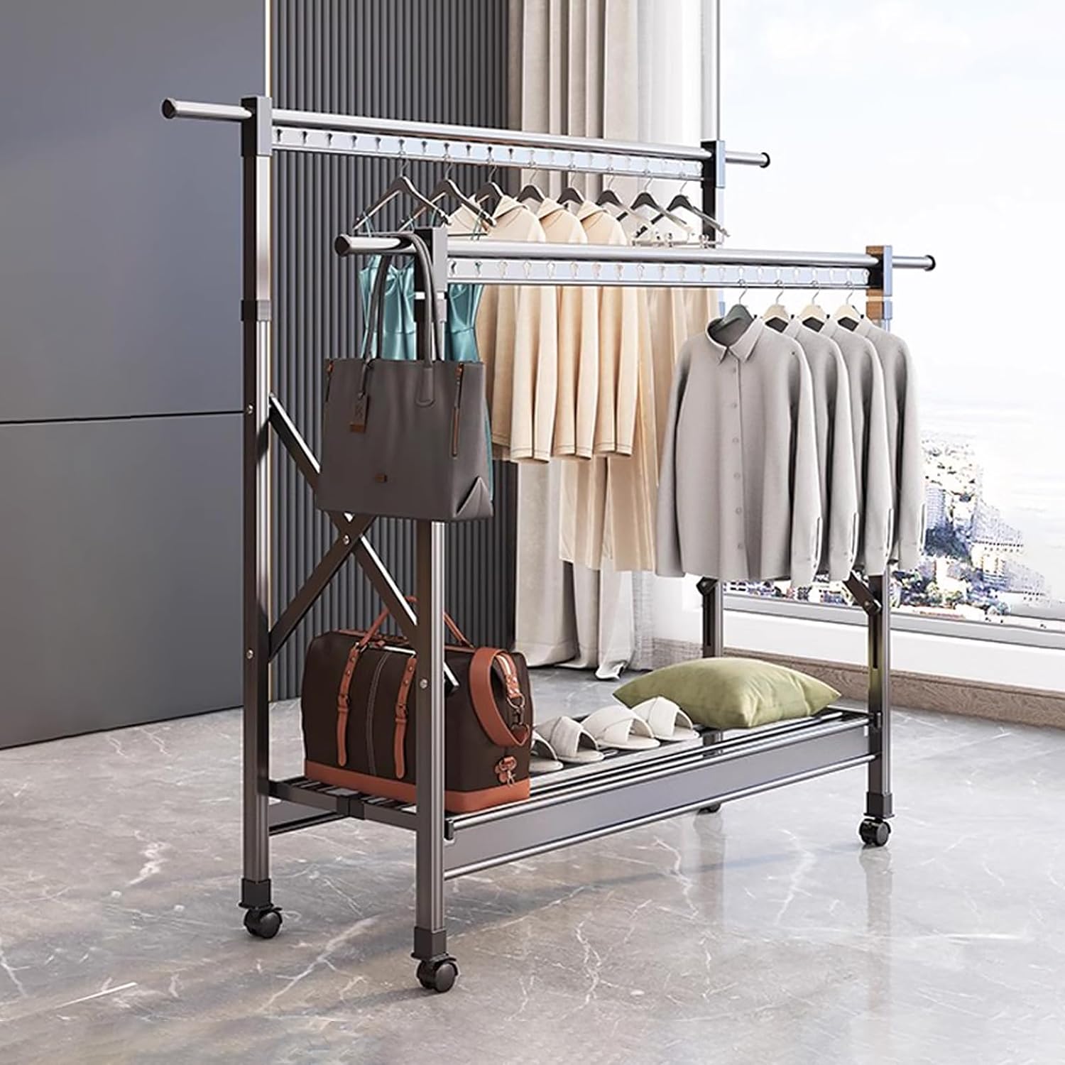 Heavy Duty Clothes Rack with Shelves and Wheels, Adjustable Height Rolling Garment Rack, Foldable Wardrobe Closet Rack, Portable Metal Clothing Rack