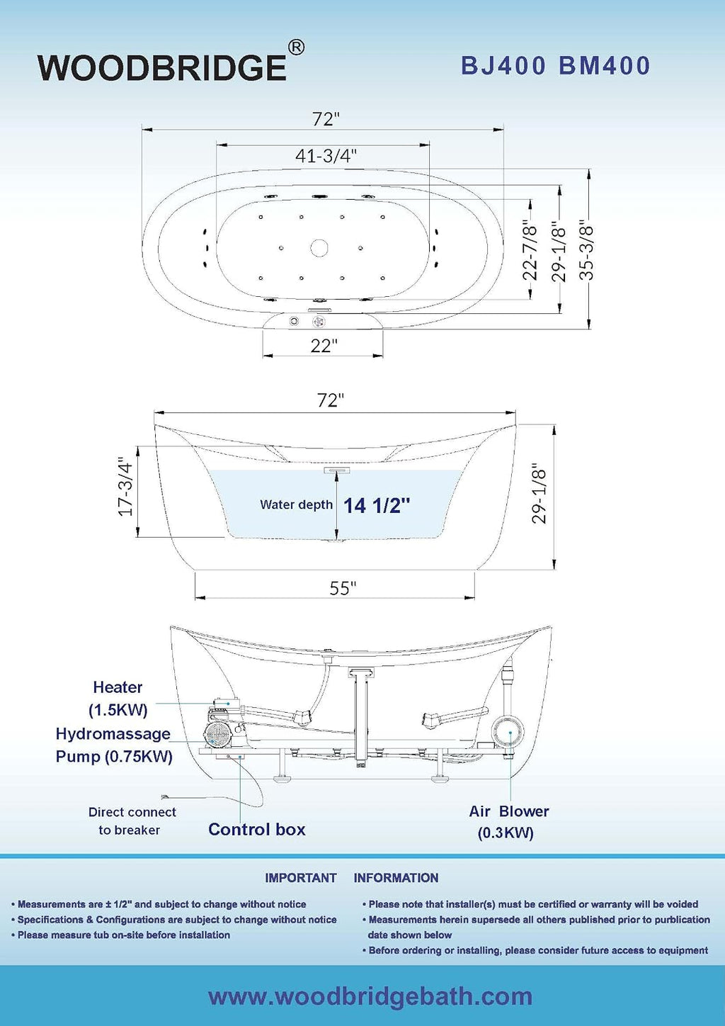 WOODBRIDGE 72' x 35-3/8' Whirlpool Water Jetted and Air Bubble Freestanding Heated Soaking Combination Bathtub with LED control panel,Matte Black drain and overflow,BM400