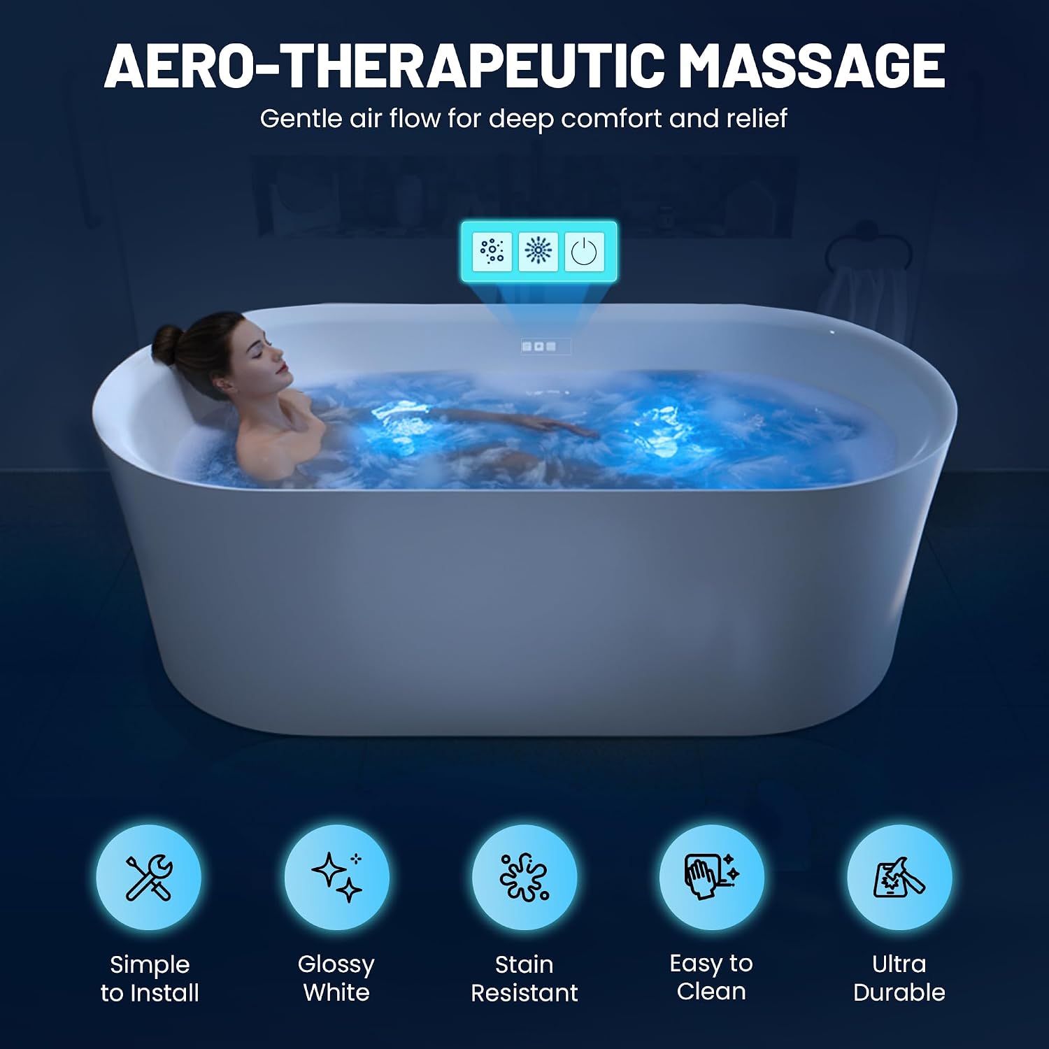 ANZZI 67' Freestanding Tub, Air Bubble Acrylic Freestanding Bathtub, White Acrylic + Fiberglass, Soaking Tub, Drain and Overflow, Light Up Control Pad (AMZ-FT-67)