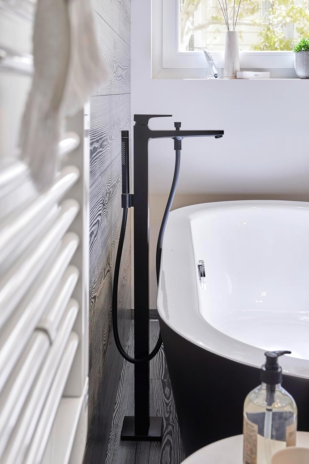 hansgrohe Metropol Modern 1-Handle 5-inch Wide Wall-Mounted Freestanding Bathtub Faucet with Handshower in Matte Black, 32532671