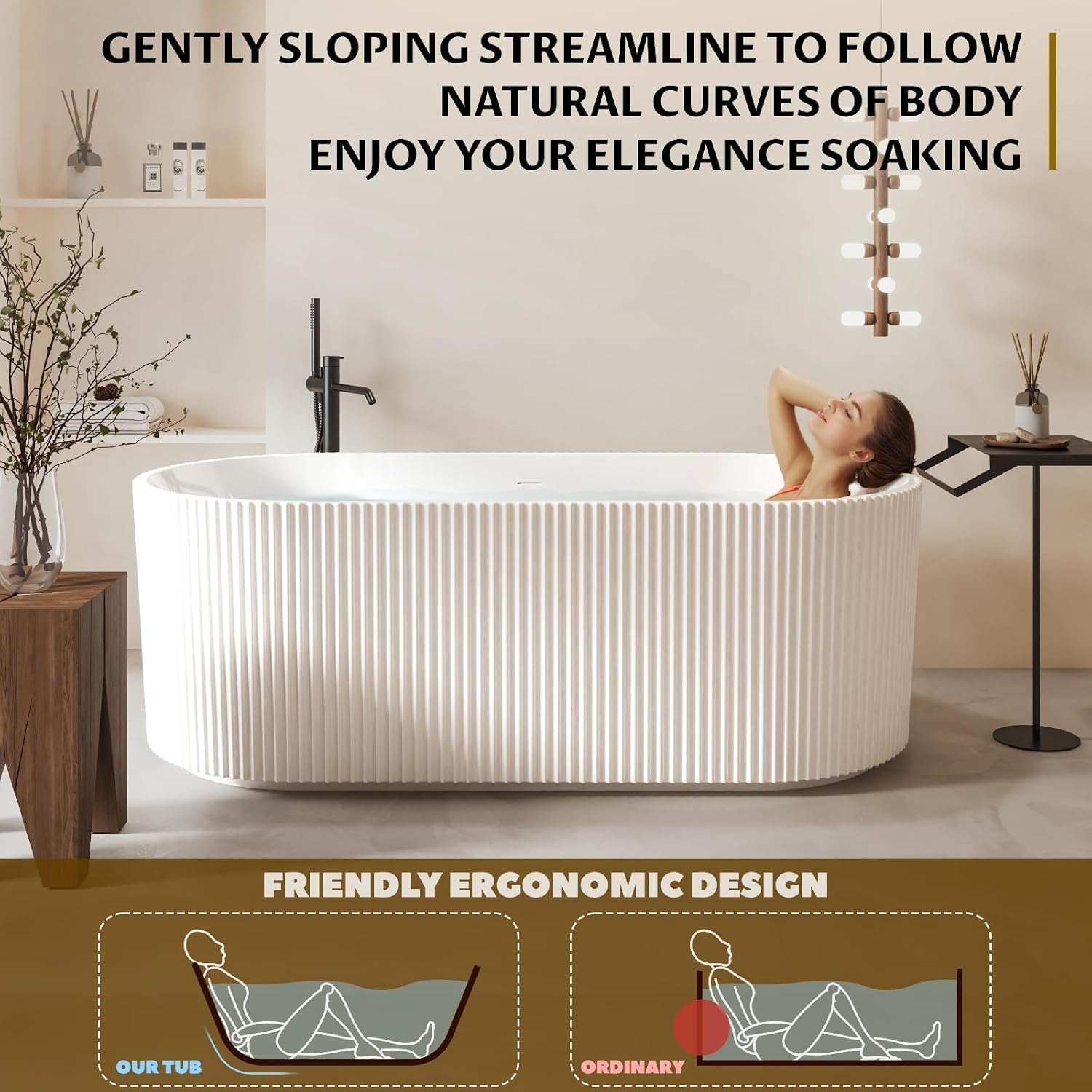 59 Inch Freestanding Bathtub Oval Acrylic Soaking Tub with Decorative Stripe Design, Integrated Overflow & Pop-Up Drain, Modern Stand Alone Tub for Contemporary Bathroom Remodel, White