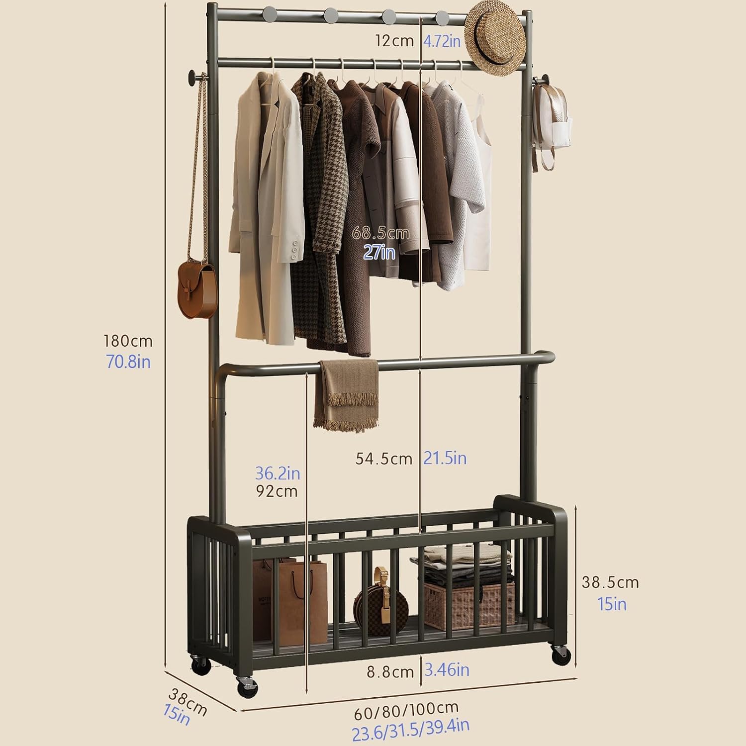 Clothes Rack With Storage Mesh Shelf,Garment Rack With Wheels,Heavy-Duty Metal Clothing Rack,Portable Rolling Clothing Rack For Entryway,Bedroom(White,80cm/31.5in)