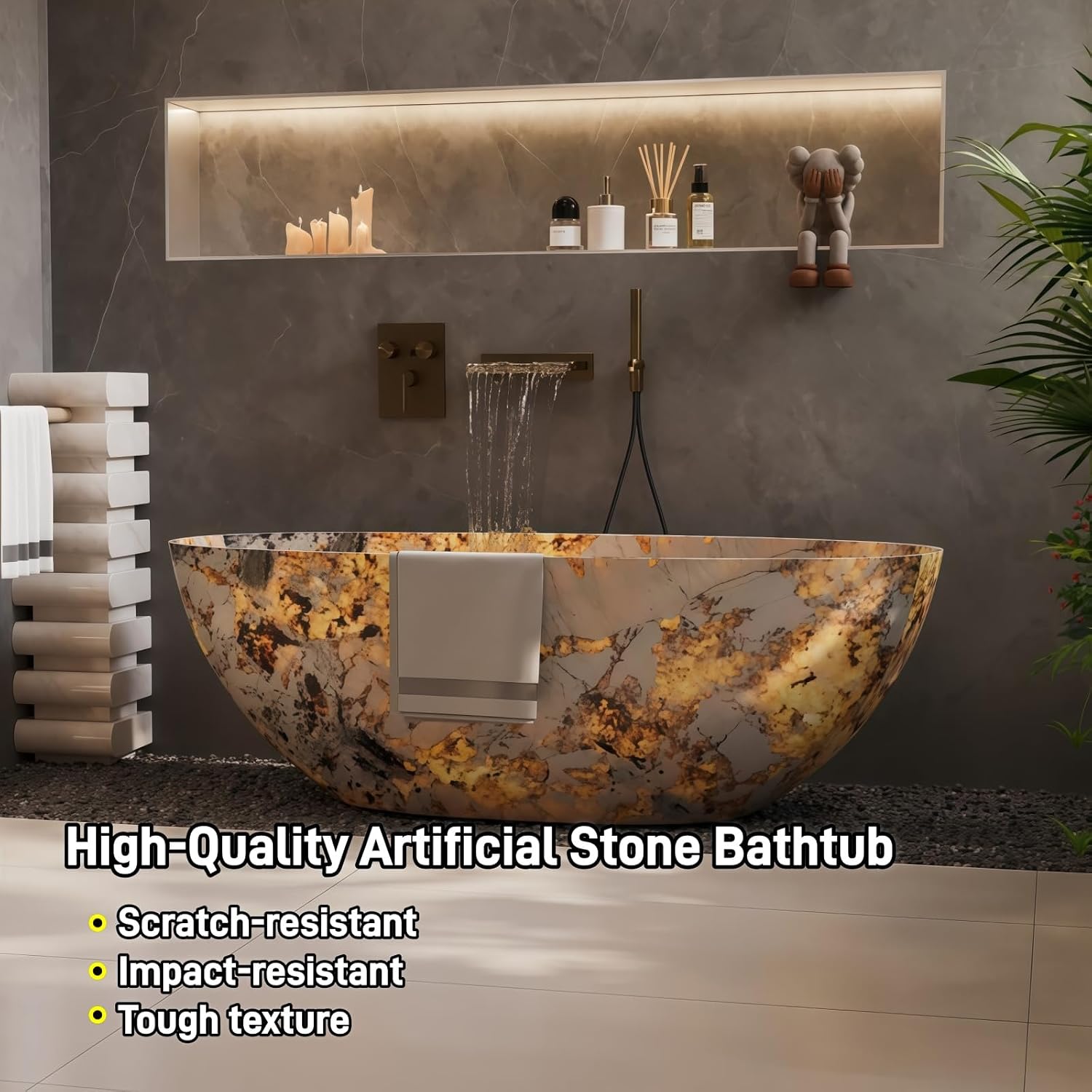 51' Edeyeu Freestanding Bathtub - Luxury Solid Surface Bathtub Soaking Tub With Extra Deep Ergonomic Design, Modern Spa Style For Home, Villa, And Hotel Bathrooms, Style A