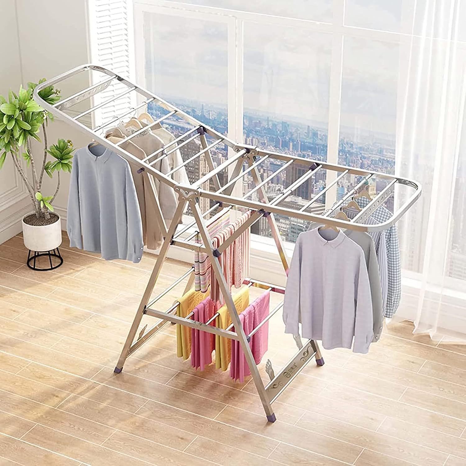 Standing Clothes Hanger, Drying Rack Clothing Foldable Small, Collapsible Garment Racks for Hanging Clothes, for for Bed Linen, Clothing, Socks, Scarves Coat Rack Stand (150cm)