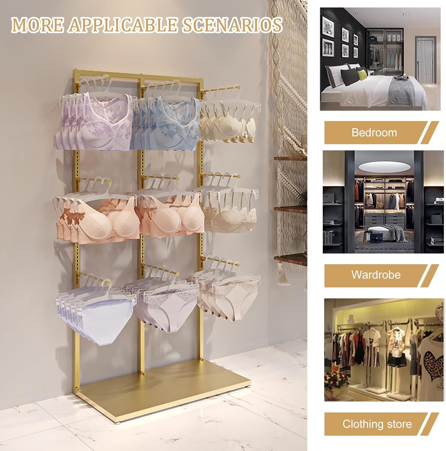 Metals Underwear Display Rack Stand,Freestanding Clothing Store Boutiques Retail Lingerie Garment Rack Coat Rack Stand,Commercial Shelves,for Socks Bra Panties Scarves Storage(Gold,L100cm/39.3in)