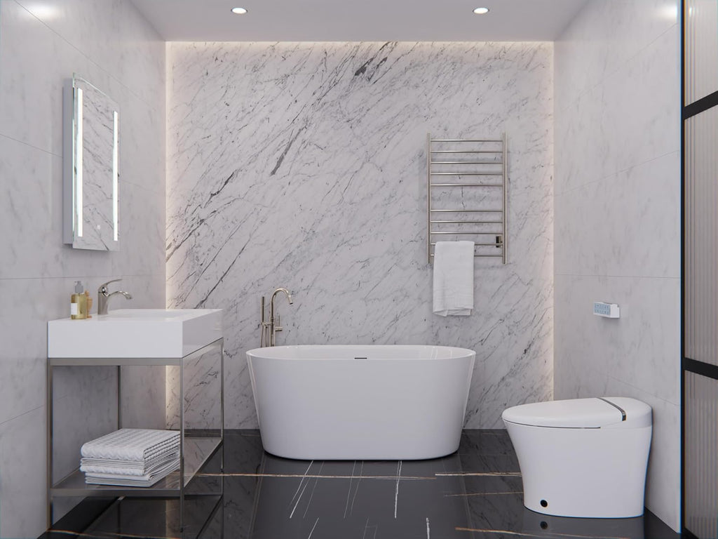 ANZZI Freestanding Bathtub 55 In Acrylic Soaking Tub Flat Bottom One Piece Marine Grade Build Glossy White Center Drain Chrome Overflow 73 Galon 55.12 x 29.53 x 22.83'' In Chand Series | FT-AZ098-55