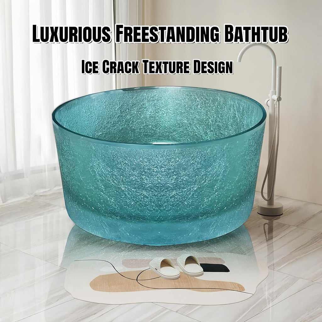 47' Edeyeu Freestanding Bathtub - Round Solid Surface Bathtub With Ice Crack Texture, Luxury Extra Deep Soaking Tub, Natural Resin Stand Alone Free Standing Tub For Modern Bathroom Design Blue