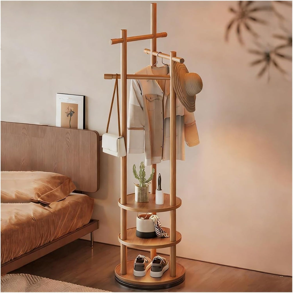Rotatable Wooden Coat Rack with 3-Tier Storage, Freestanding Garment Stand with 6 Hooks for Bedroom, Entryway, and Walk-in Closet(Yellow)