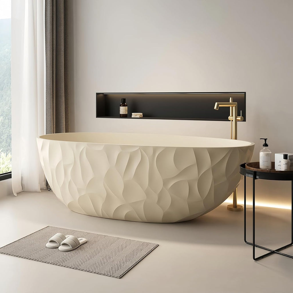 63' Edeyeu Luxury Freestanding Bathtub – Modern Solid Surface Bathtub With Ripple Design, Extra Deep Soaking Tub, Ergonomic Stand Alone Tub For Contemporary Luxury Bathrooms B