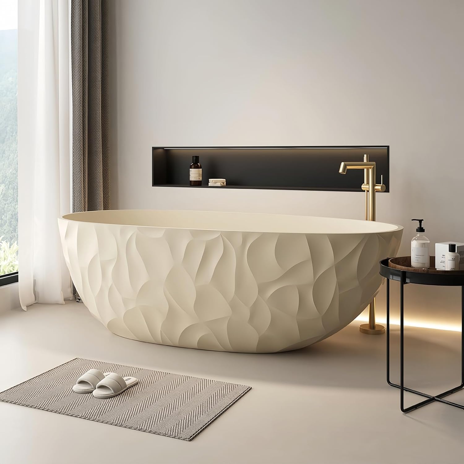 63' Edeyeu Luxury Freestanding Bathtub – Modern Solid Surface Bathtub With Ripple Design, Extra Deep Soaking Tub, Ergonomic Stand Alone Tub For Contemporary Luxury Bathrooms B