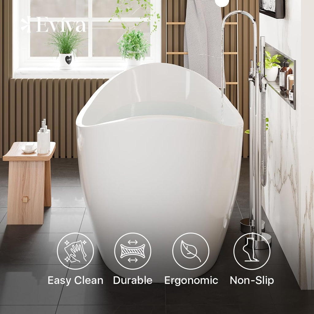 EVIVA Bella 60-Inch Acrylic Bathtub Non-Slip Deep Soaking Bathtub Freestanding Modern Soaker Deep Oval Bath Tub in Glossy White with Chrome Overflow and Middle Drain
