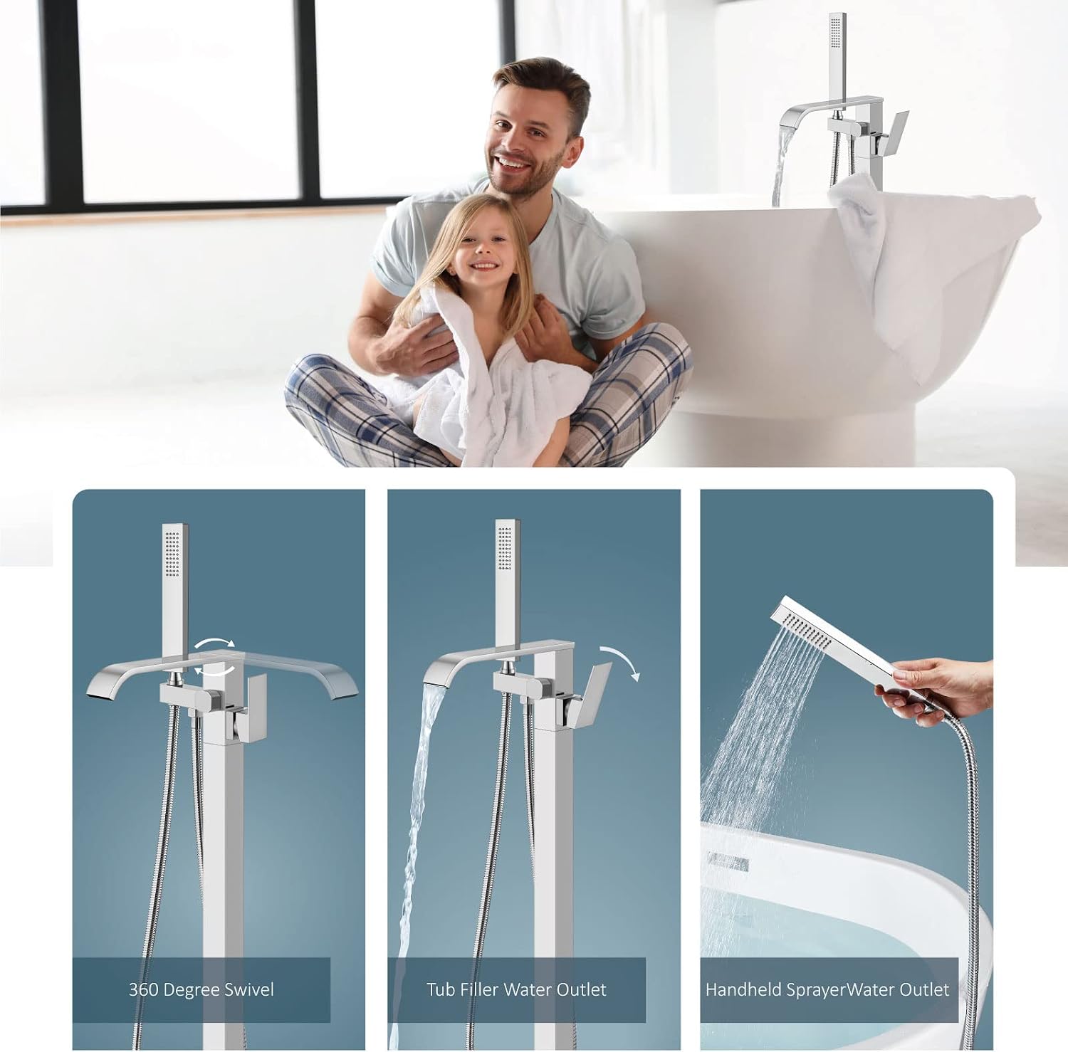 Aolemi Freestanding Bathtub Faucet Floor Mount Tub Filler with Handheld Spray Single Handle Free Standing Bathroom Faucets Swivel Curved Waterfall Spout Polish Chrome