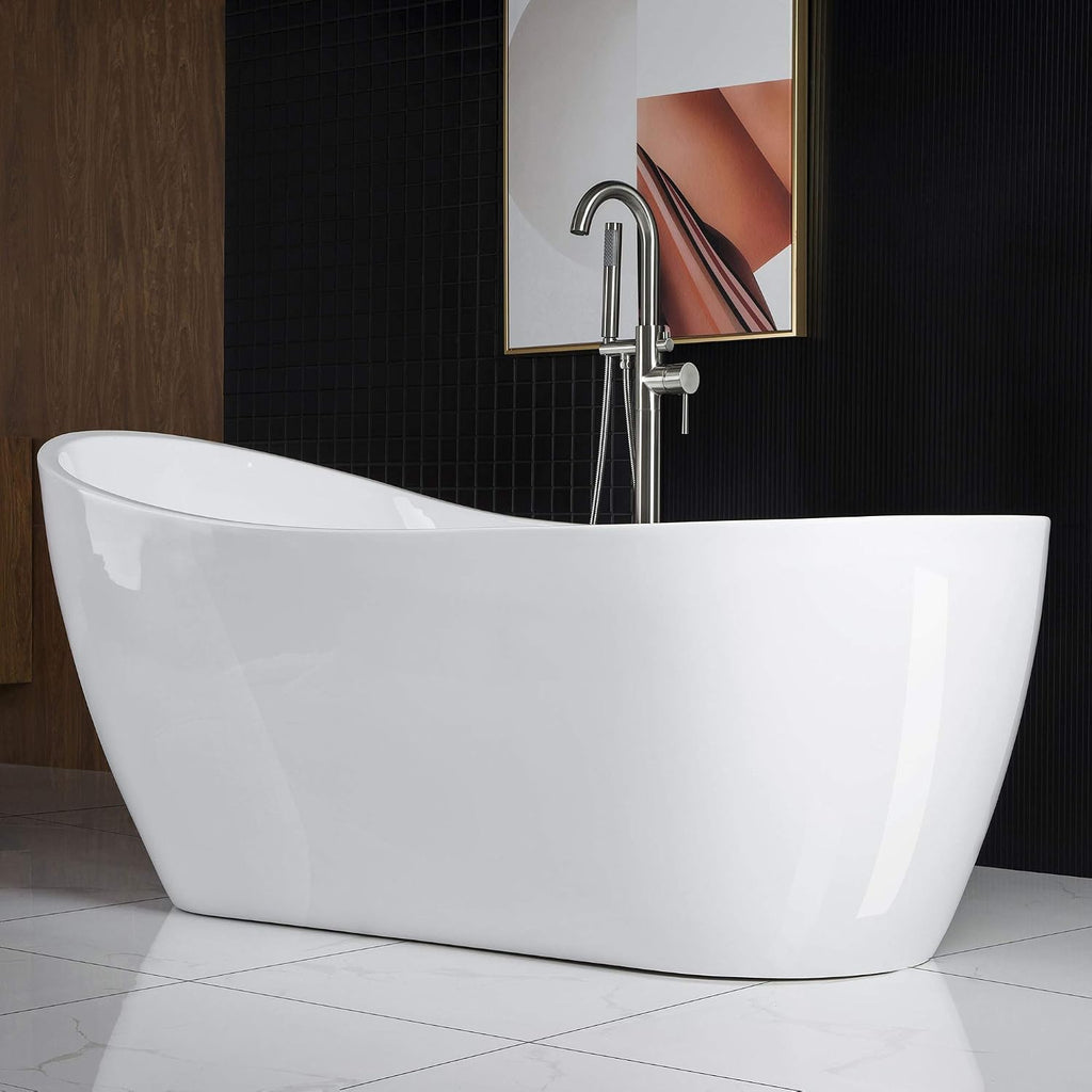 WOODBRIDGE 67' Acrylic Freestanding Bathtub Contemporary Soaking White Tub with Brushed Nickel Overflow and Drain，B-0001-BN