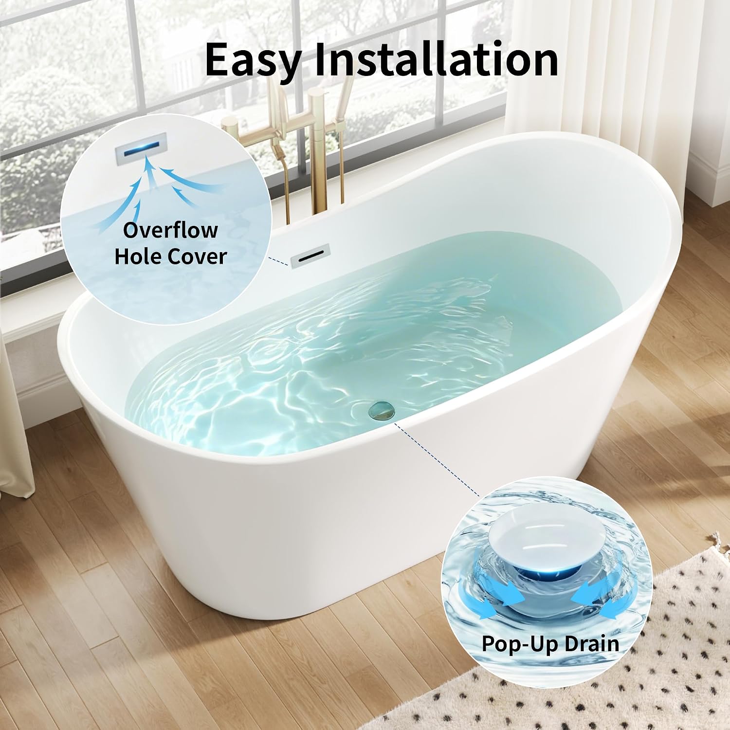 DeerValley 59' Free Standing Bathtub, Acrylic Soaking Tub with Center Drain & Integrated Overflow, Modern Standalone Shower Tub White, Deep Soaker, Ergonomic Design, DV-1T151S