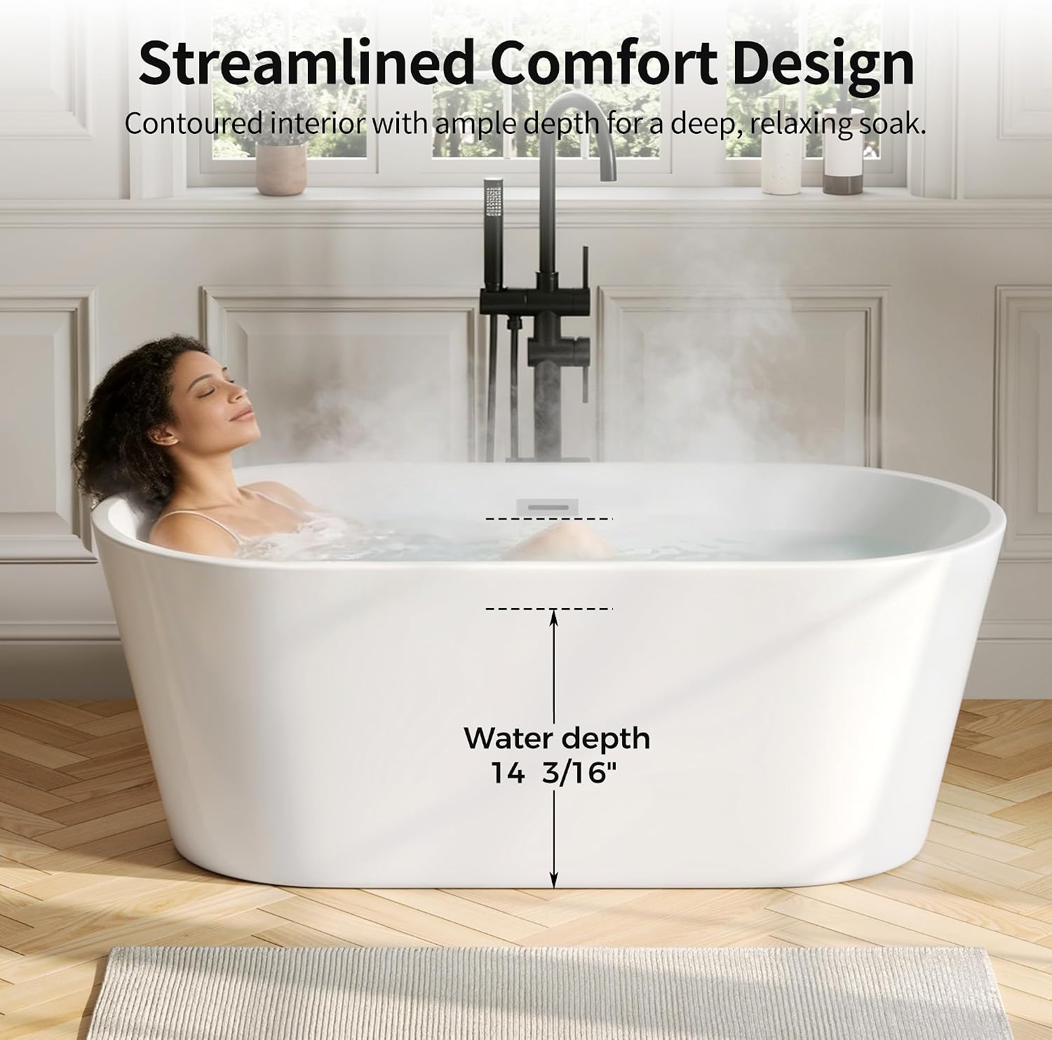 DeerValley 59' Acrylic Free Standing Tub, White Stand Alone Tub, Deep Soaking Tub with Center Drain & Integrated Overflow, Freestanding Bathtub with Ergonomic Design, DV-1T131S