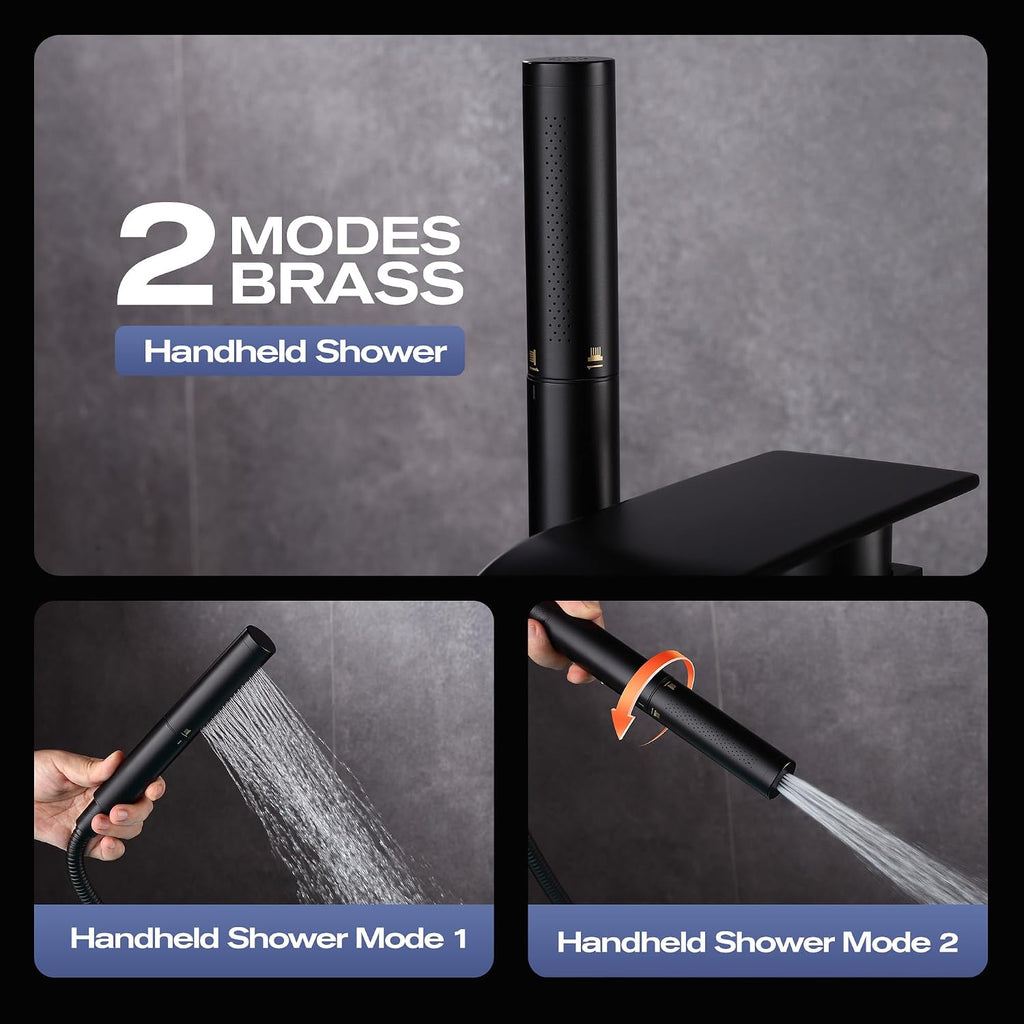 Waterfall Freestanding Bathtub Faucet, Floor Mount Bathroom Tub Filler Shower Faucets with Handheld Sprayer, Matte Black