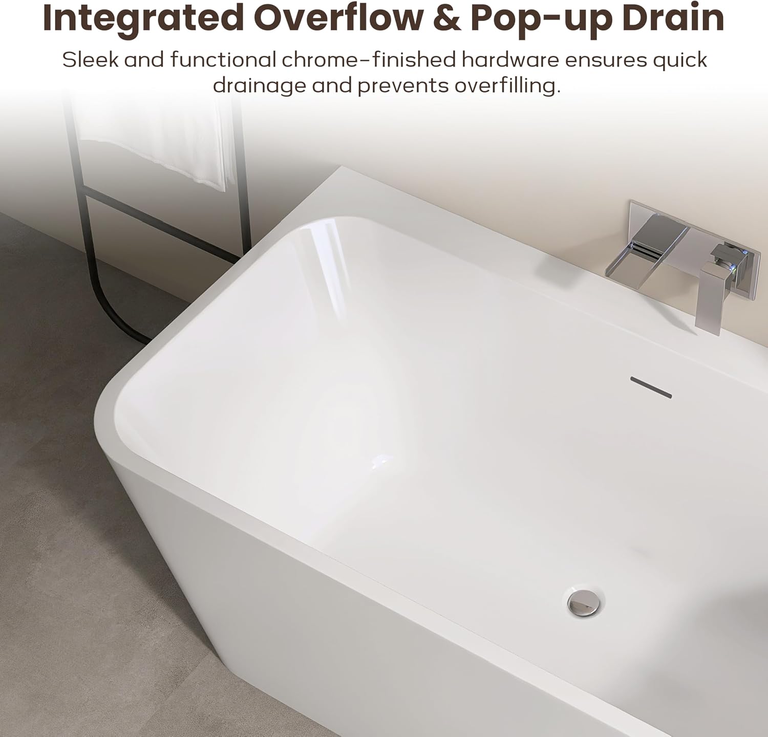 SJ STAR&JANE 55 Inch Acrylic Freestanding Bathtub,Modern Back to Wall Soaking Tub, Stand alone Acrylic Tub Integrated Center Drain & Overflow, Glossy White