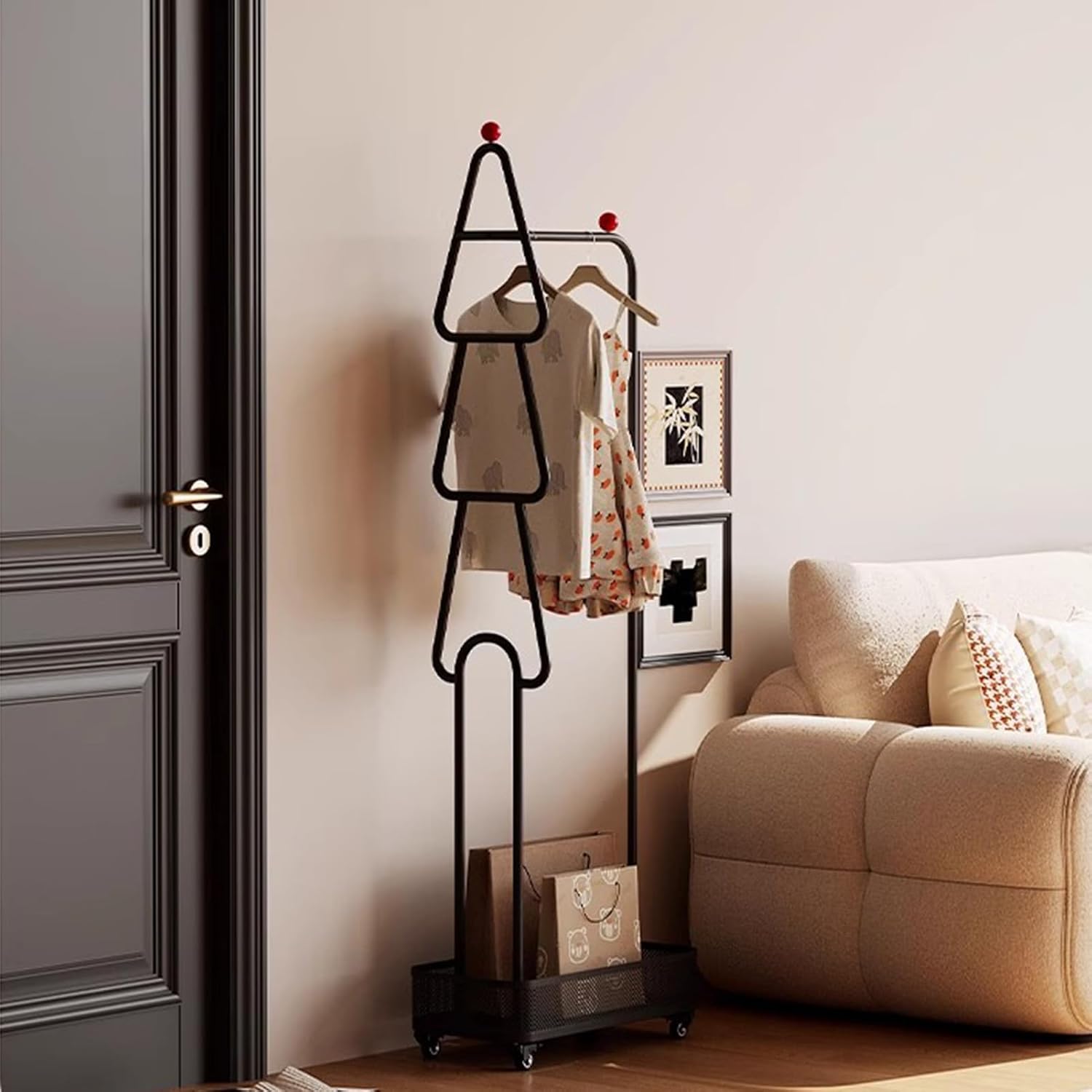 Garment Rack Small Clothes Racks for Hanging Clothes, Metal Clothing Rack with Wheels, Freestanding Coat Rack with Storage Basket, Portable Wardrobe Rack for Bedroom and Small Space, Black