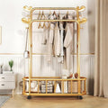 Modern Double-Rod Clothing Rack with Storage Shelf, Metal Wardrobe Stand with Wheels, Clothes Racks, Freestanding Garment Organizer for Bedroom or Dressing Area – Gold(80cm(31.5in))