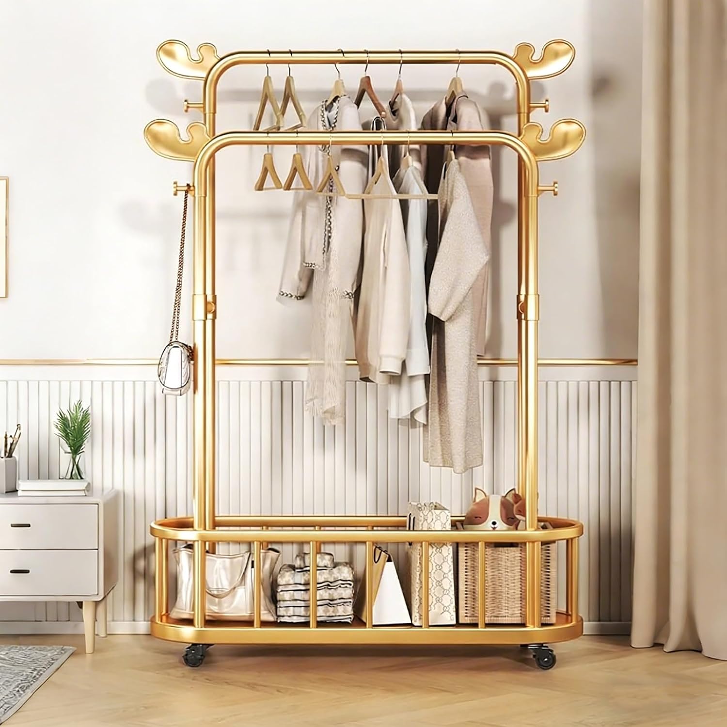 Modern Double-Rod Clothing Rack with Storage Shelf, Metal Wardrobe Stand with Wheels, Clothes Racks, Freestanding Garment Organizer for Bedroom or Dressing Area – Gold(80cm(31.5in))