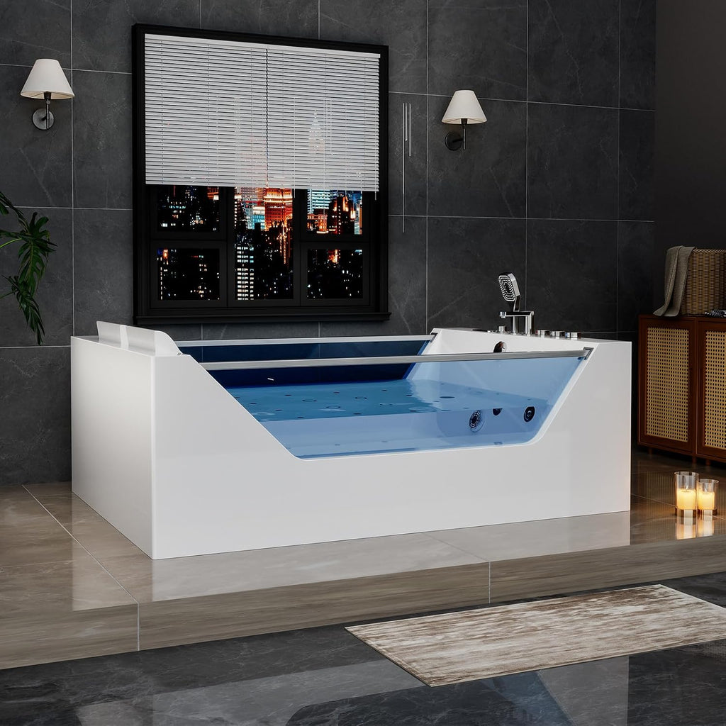 Empava PRO Series 71'x48' Whirlpool Tub | Heated Bubble Spa for 2 with Thermostatic Control & Chromotherapy | Acrylic Freestanding Soaking Bathtub, White (ETL Certified)