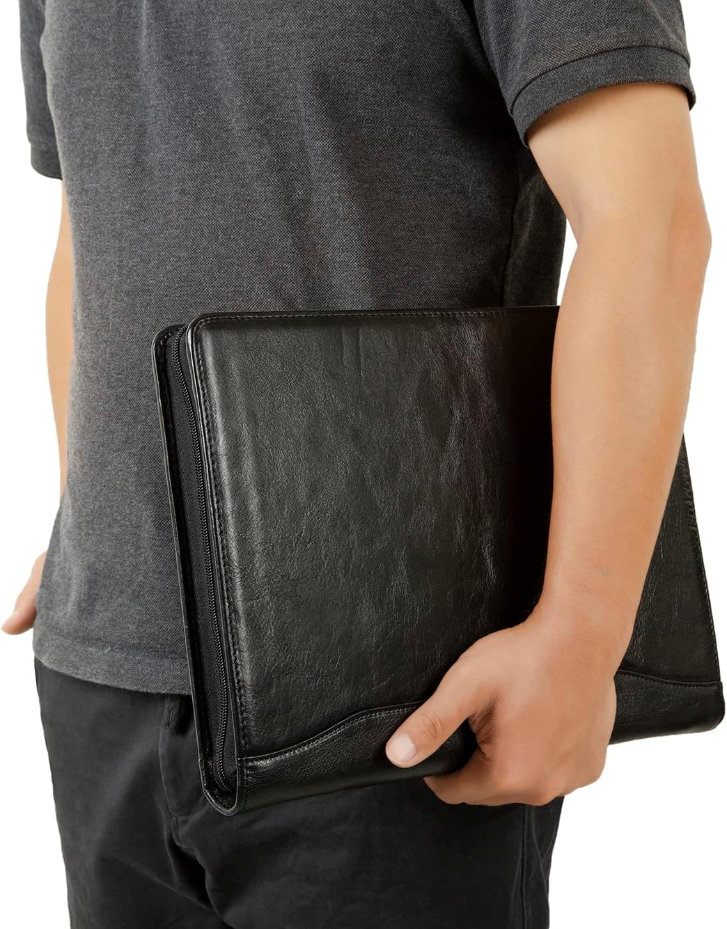 Leather Binder 3 Ring, Oil Tanned Portfolio with Notepad, Zippered Padfolio for Lawyer, Business Gift for Men/Women (Black, Non-Custom)