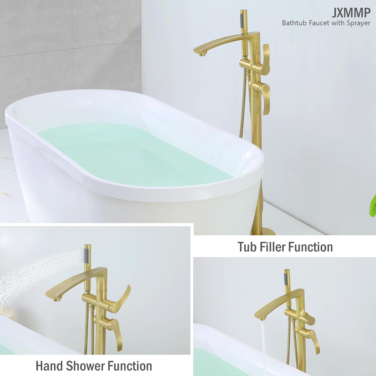 Free Standing Tub Faucet, Brushed Gold Floor Mount Bathtub Faucet with 360 Swivel Spout and Hand Shower, High Flow Stainless Steel Freestanding Tub Filler JXM-F001BG
