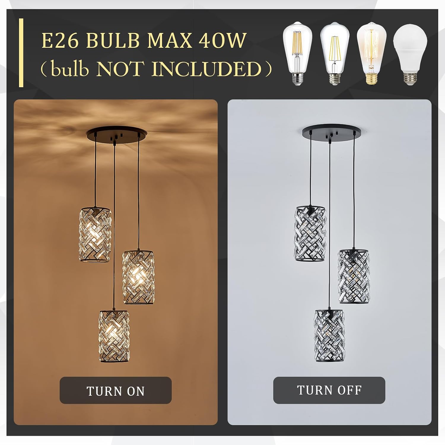 CATINER 3 Lights Crystal Pendant Light Modern Black Mini Chandelier, Adjustable Cluster Pendant Light Fixture for Kitchen Island Dinning Room Bedroom Hallway Porch
