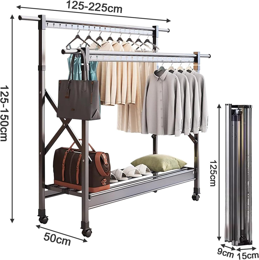 Heavy Duty Clothes Rack with Shelves and Wheels, Adjustable Height Rolling Garment Rack, Foldable Wardrobe Closet Rack, Portable Metal Clothing Rack