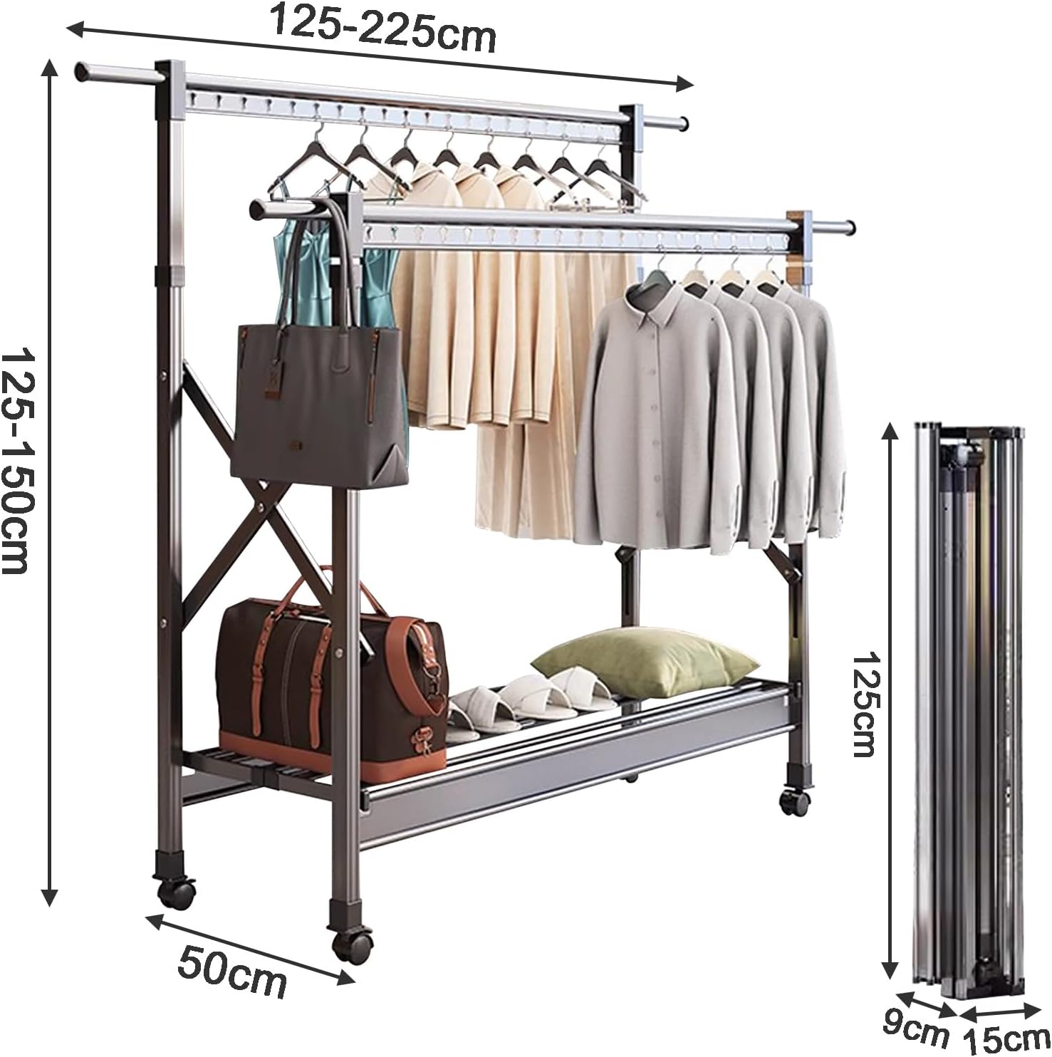 Heavy Duty Clothes Rack with Shelves and Wheels, Adjustable Height Rolling Garment Rack, Foldable Wardrobe Closet Rack, Portable Metal Clothing Rack