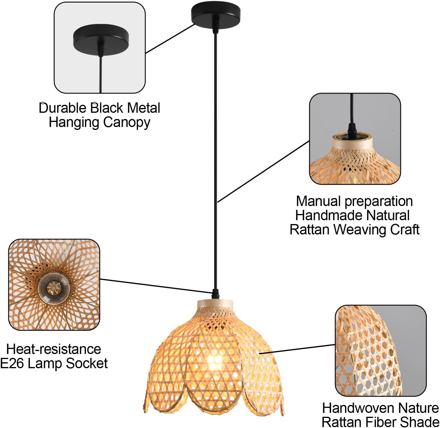 3-Pack Boho Pendant Light Fixture 9.8' Bamboo Hanging Light Mini Rattan Pendant Light,Woven Wicker Shade Rattan Chandelier for Dining Living Bedroom Kitchen Farmhouse