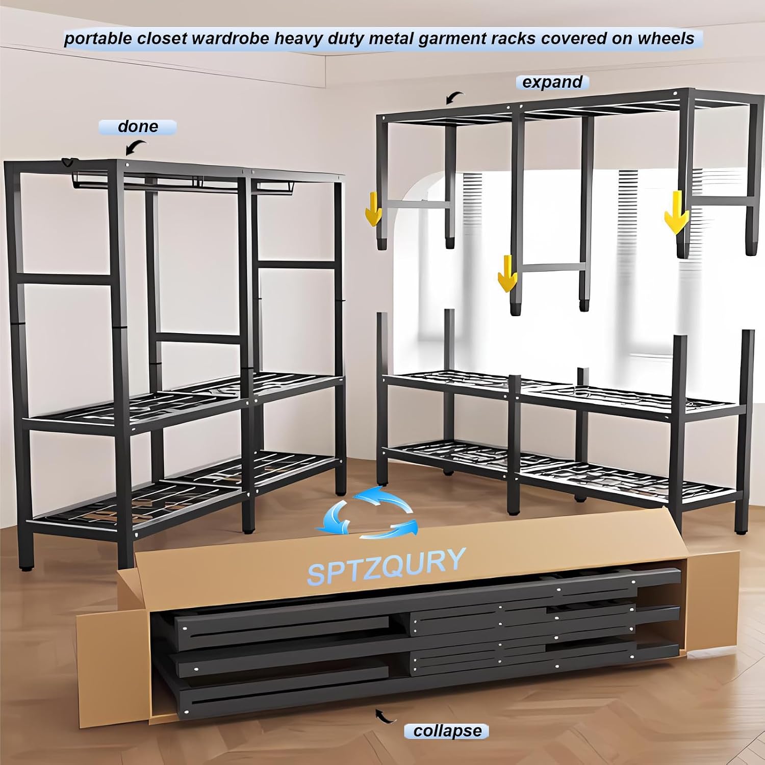 Heavy Duty Rolling Covered Metal Garment Rack with Lockable Wheels and Door, Load 2000lbs, Portable Closets for Hanging Clothes, Large Capacity 360°Enclosed Clothing Racks (A, 59.1in/150cm)