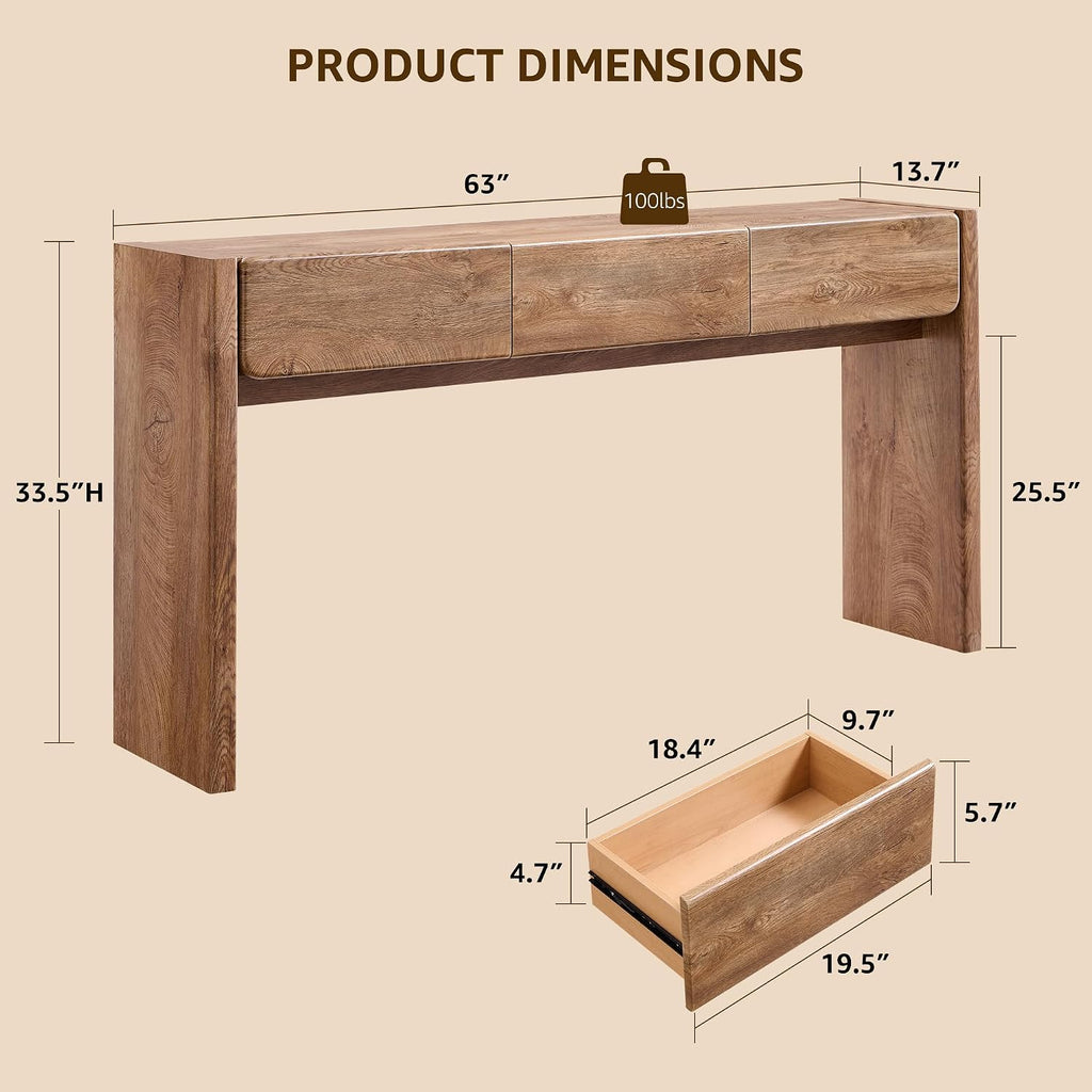 OKD 63'' Console Table with 3 Drawers, Farmhouse Entryway Table with Rounded Corners, Console Table Behind Couch for Living Room/Hallway-Light Knotty Oak