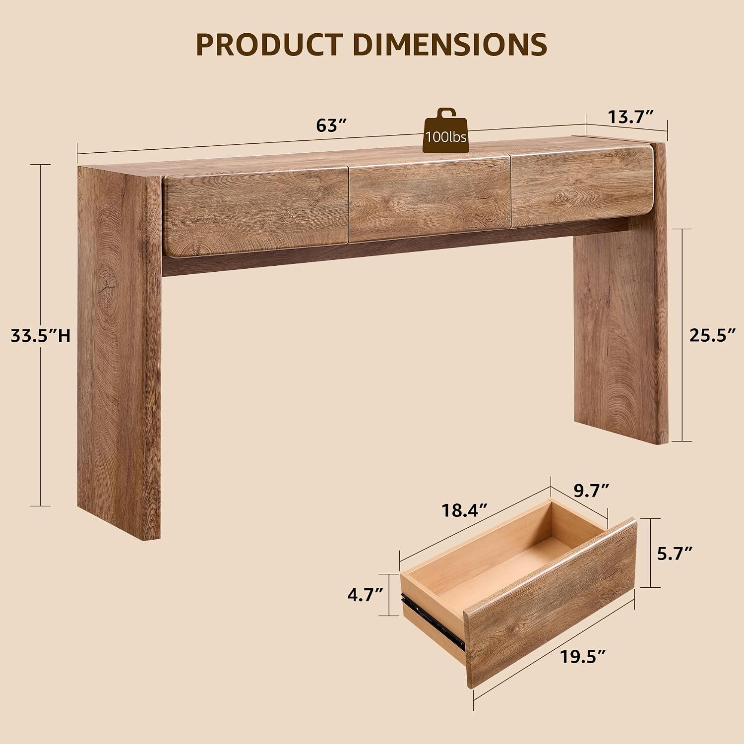 OKD 63'' Console Table with 3 Drawers, Farmhouse Entryway Table with Rounded Corners, Console Table Behind Couch for Living Room/Hallway-Light Knotty Oak