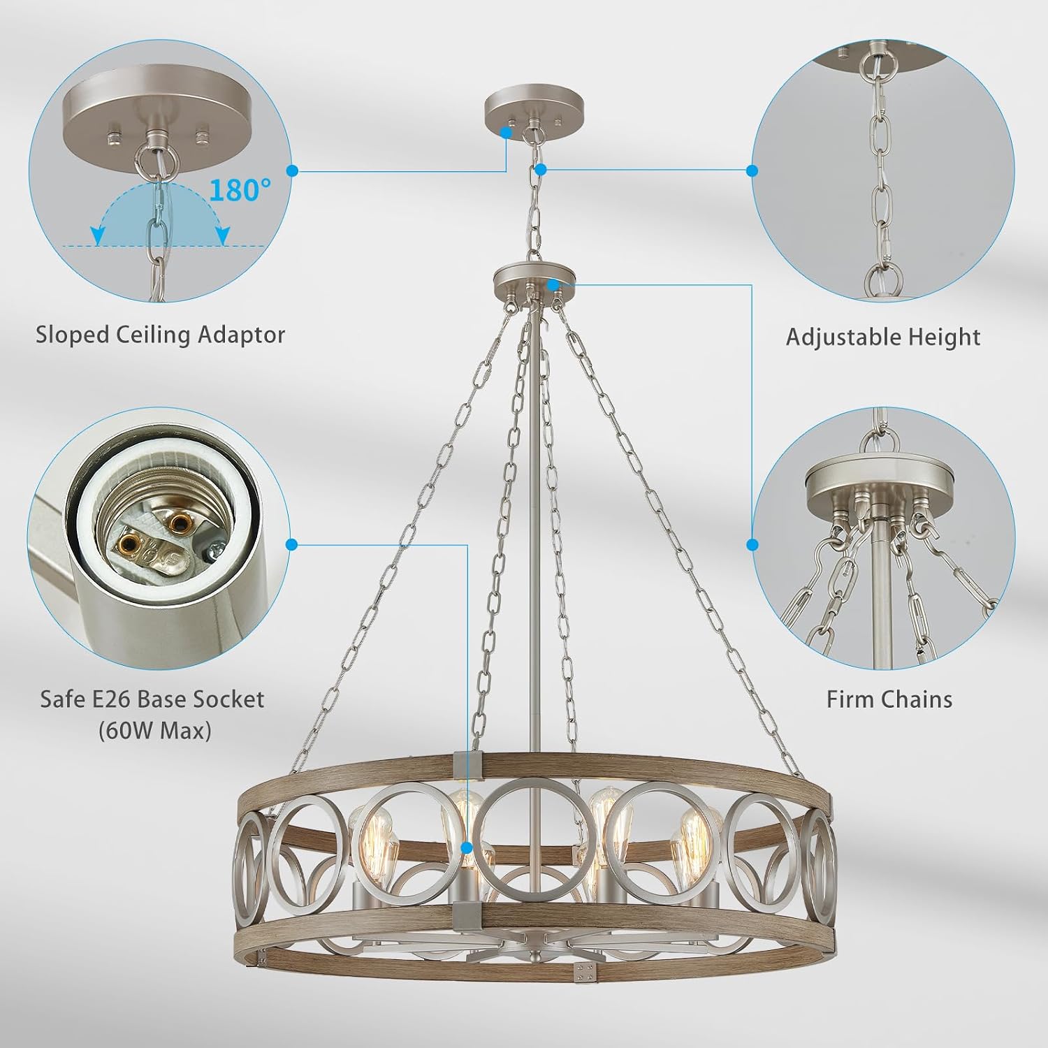XINGQI 8-Light Modern Chandelier Large Round Drum Chandeliers for Dining Room 32.3' Rustic Pendant Brushed Nickel Light Fixture Over Table Farmhouse Metal Wood Grain Finish