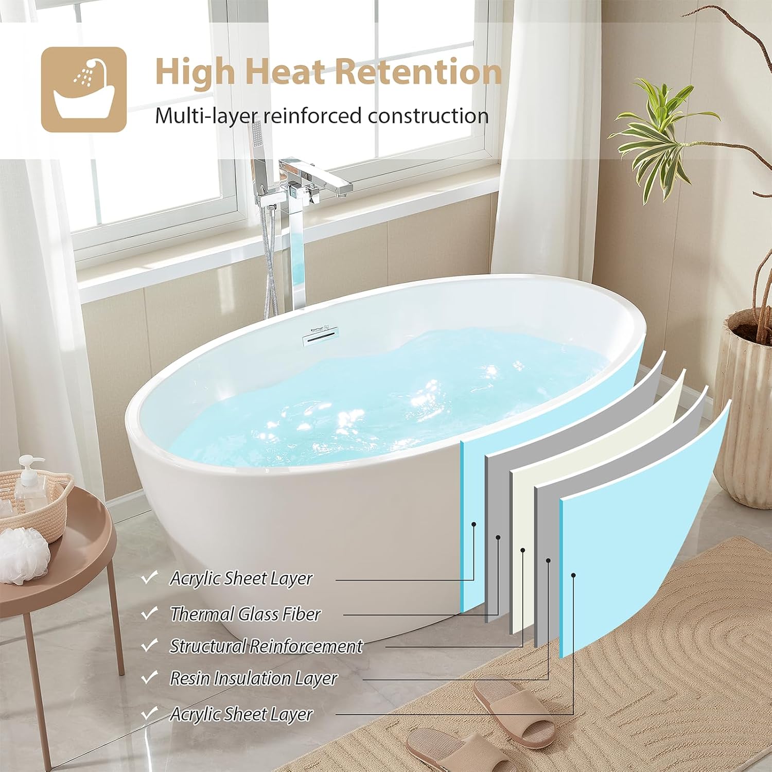 Vanity Art 69' X 40' Freestanding Bathtub | Home Improvement Bathtubs with Contemporary Design for Soaking and Bathing, Overflow and Pop-up Drain with UPC Certified, Acrylic, VA6834-L-TG